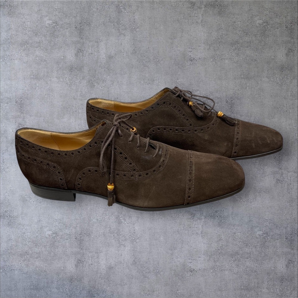Gucci Brown Suede Oxford Baroque Dress Shoes Men 11 Cap Toe Bamboo Accents Italy